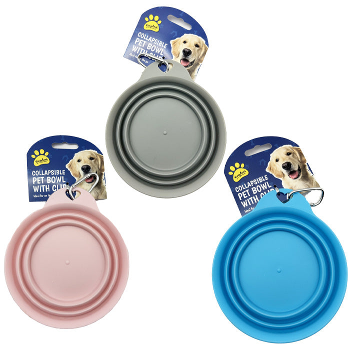 3 colours of the Collapsible Dog Bowl With Clip displayed