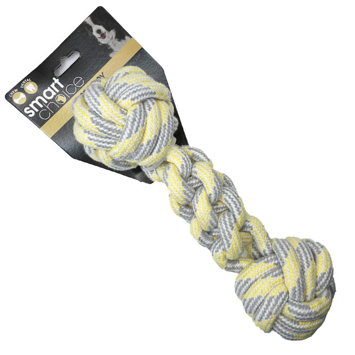 Yellow Dumbbell dog toy displayed