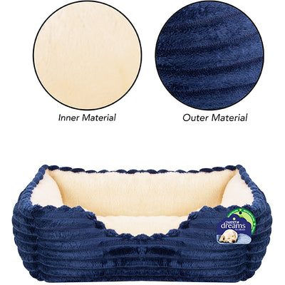 Blue ribbed small dog bed with details displayed