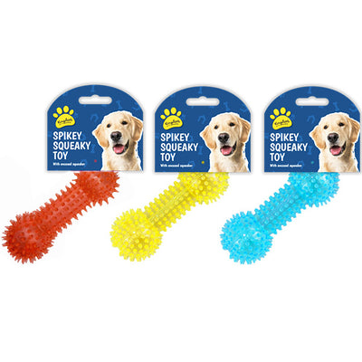 Spiky & Squeaky Dog Toy 3 colours displayed with labels