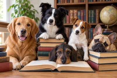 Five dogs gathered around books in a library setting, representing a reference-style A–Z exploration of common dog terminology.