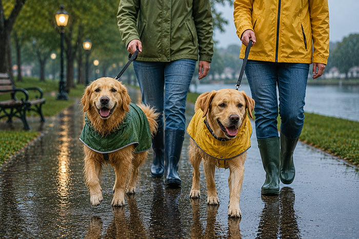 Two dogs being taken for a walk
