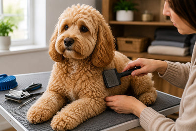 A dog enjoying a grooming session