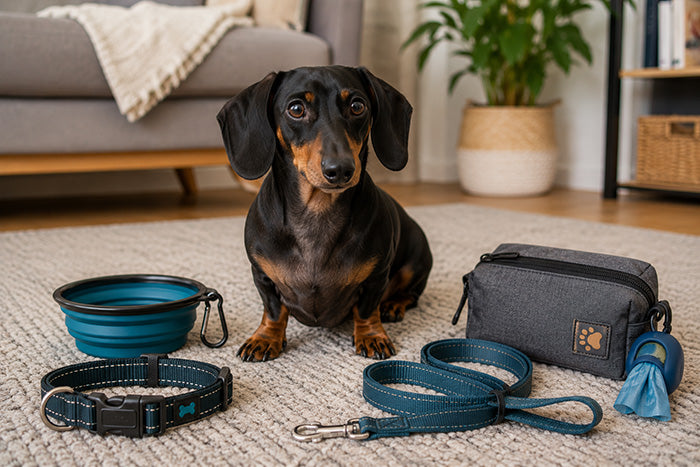 A Dachshund sitting with a few accessories