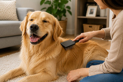 A dog enjoying a brush