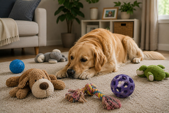 A dog lay down surrounded by toys