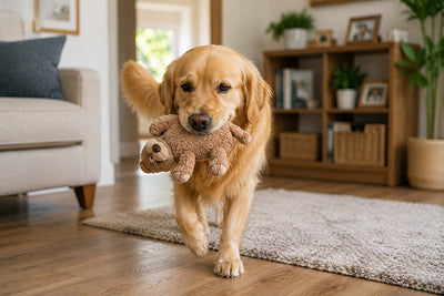 A dog walking with its favourite toy