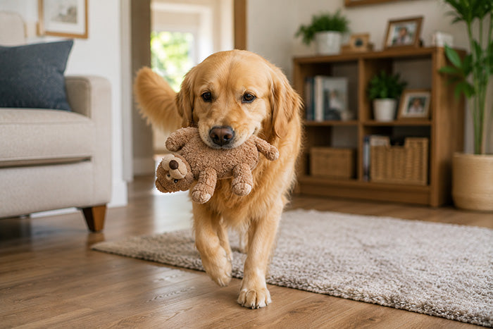 A dog walking with its favourite toy