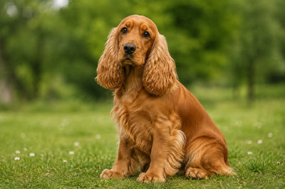 Golden Cocker Spaniel sitting on grass with a softly blurred green countryside background.