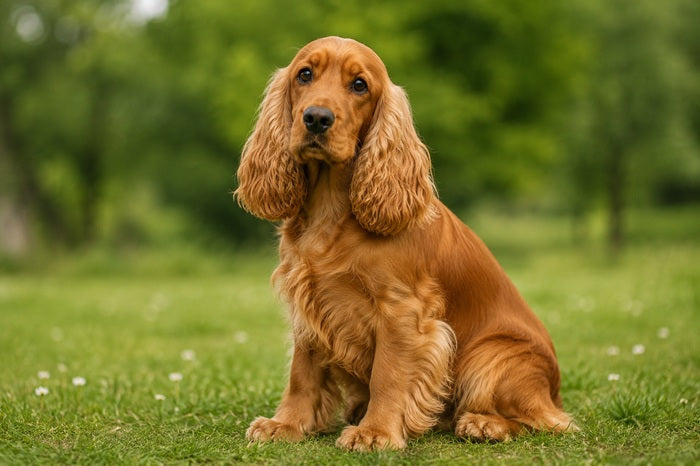Golden Cocker Spaniel sitting on grass with a softly blurred green countryside background.