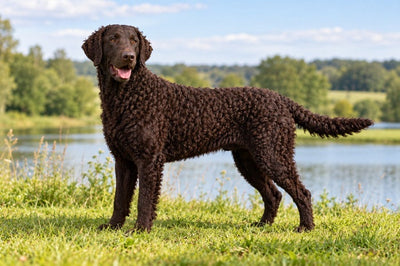Curly-Coated Retriever on grass next to a lake