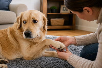 A dog having paws touched