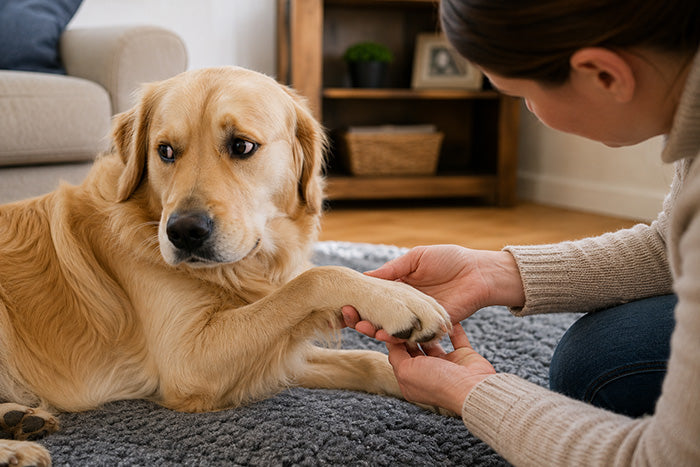A dog having paws touched