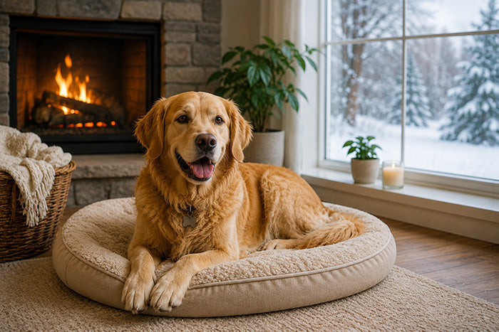 A dog lay on a bed focused on surroundings