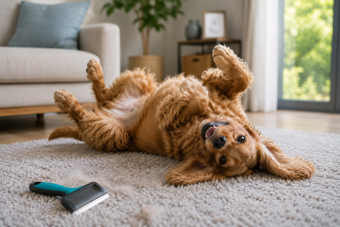 Dog rolling around on carpet after grooming