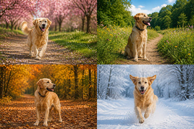 A dog walking in 4 different seasons