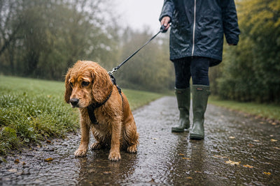 A dog sitting down while on a walk