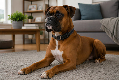 A Boxer dog lay down wearing a collar