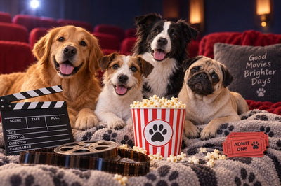 Four dogs sitting together in a cinema setting with popcorn, film reels, a clapperboard and movie tickets.