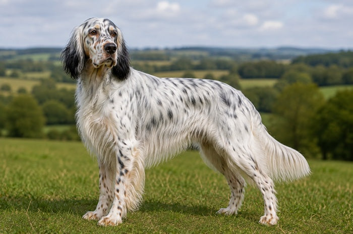 English Setter standing on grass with a white and speckled feathered coat against a green countryside background.