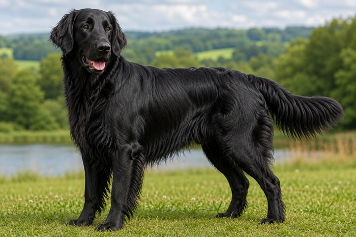 Black Flat-Coated Retriever standing on grass beside a lake with green countryside in the background.