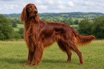 Irish Setter standing on grass with a rich red feathered coat against a green countryside background.