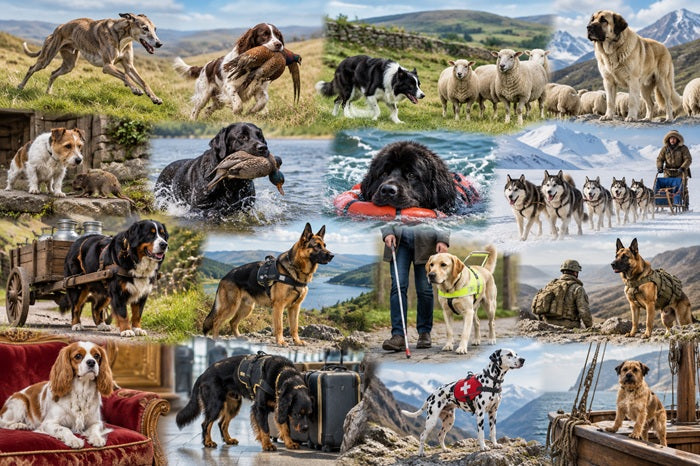 Collage of dogs illustrating historical roles including hunting, herding, retrieving, guarding, transport, rescue, assistance and working alongside people.