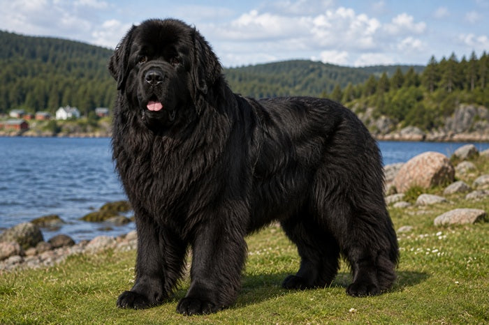 Black Newfoundland standing on grass beside a lake with wooded hills in the background.