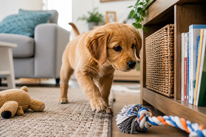 A puppy showing curiosity around a living room