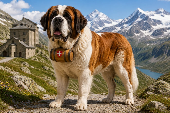 Saint Bernard standing in an Alpine mountain landscape with snow-covered peaks in the background.