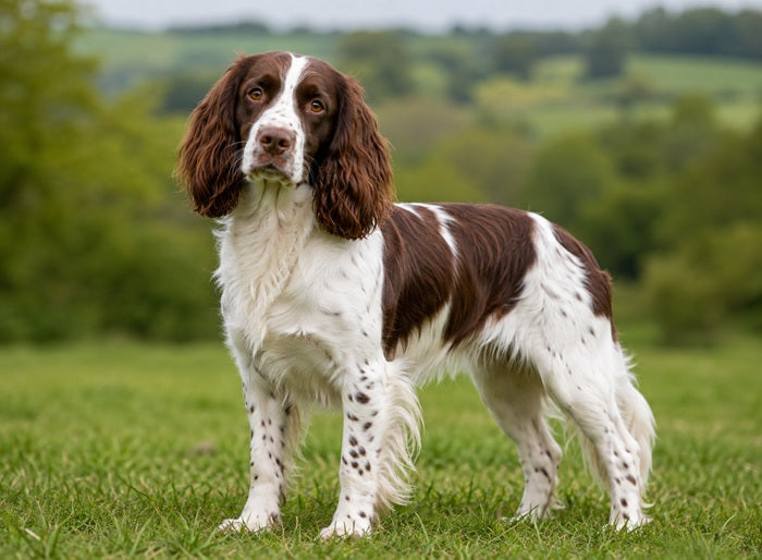 Brown and white English Springer Spaniel standing on grass with green countryside in the background.