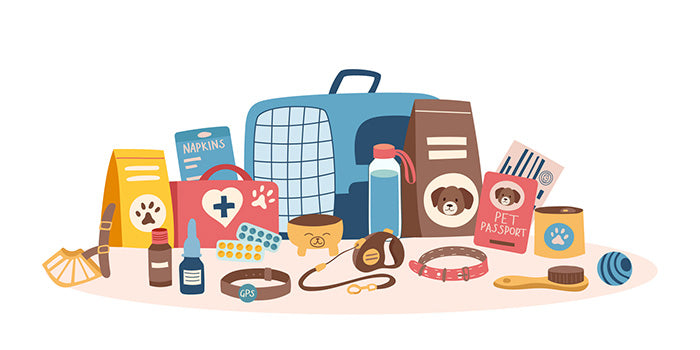 Selection of puppy accessories including collar, lead, food bowl, and bed