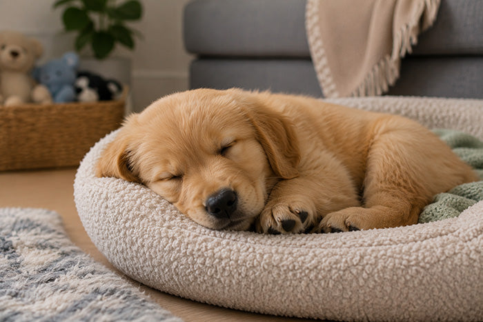 A cute puppy sleeping in a bed