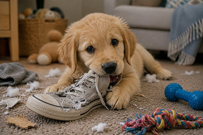 A dog chewing a shoe