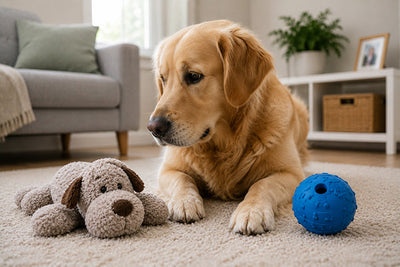 A dog choosing between toys