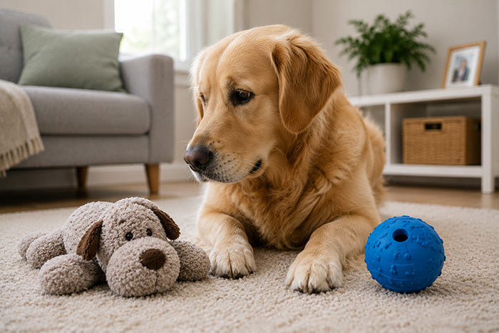 A dog choosing between toys