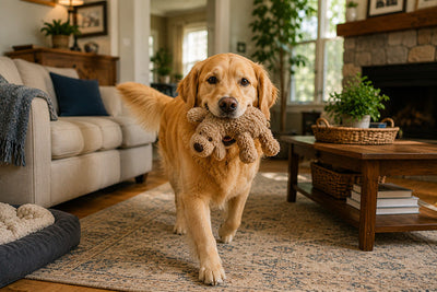 A dog carrying a toy through the house
