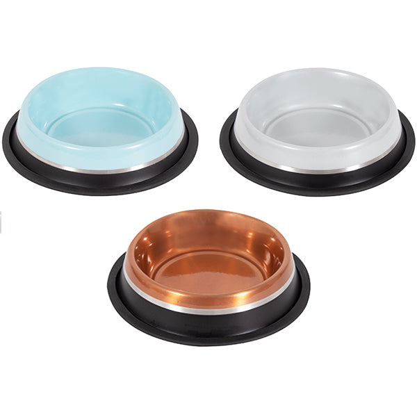 3 colours displayed of the 400ml Dog Bowl on white background