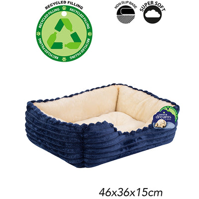 Blue ribbed dog bed with product details and information