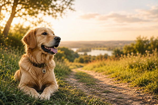Dog sitting on a path in a scenic outdoor setting with a lake and trees.