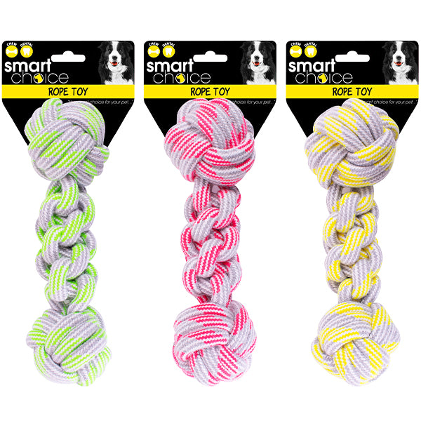 Assorted colours of the Dumbbell dog toy displayed with label
