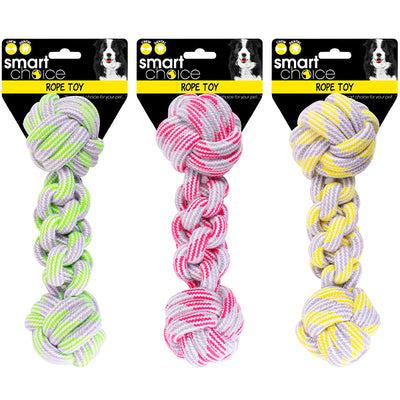 Assorted colours of the Dumbbell dog toy displayed with label