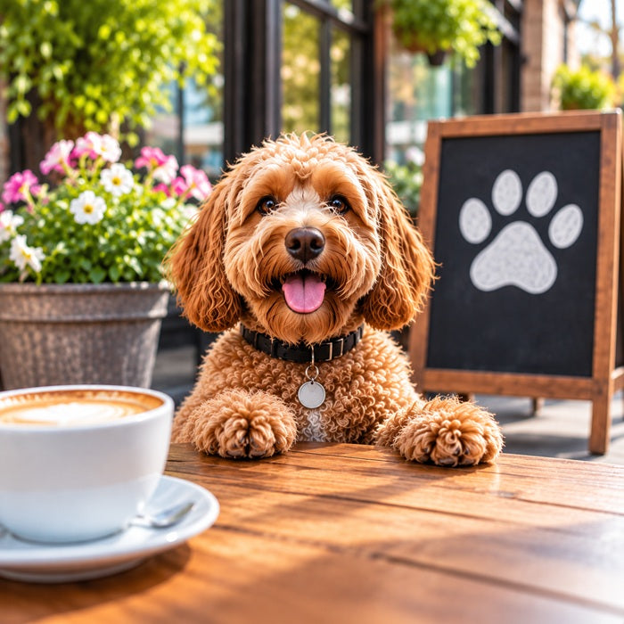 A small curly-haired brown dog sits at a wooden table in a cafe setting, with a white coffee cup in the foreground and a chalkboard sign with a paw print behind it.