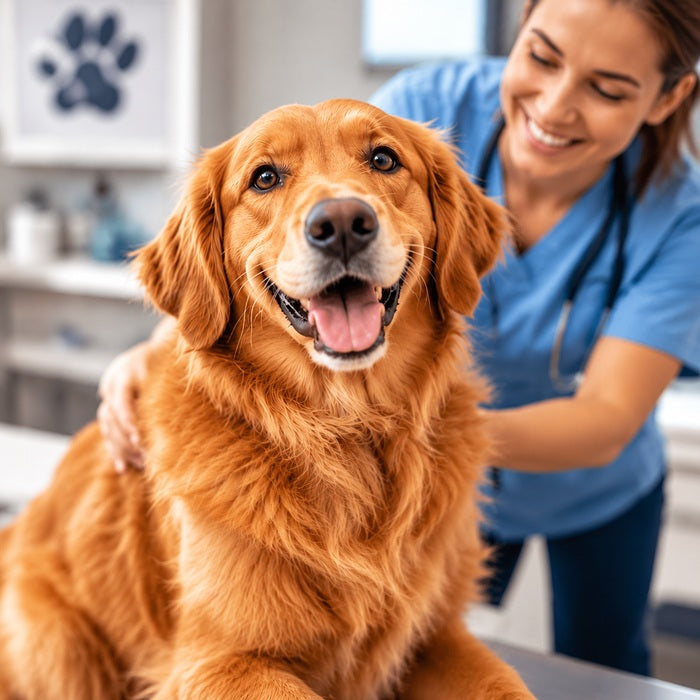 A golden retriever dog sits on an exam table while a smiling veterinarian in blue scrubs gently pets its back in a bright veterinary clinic.