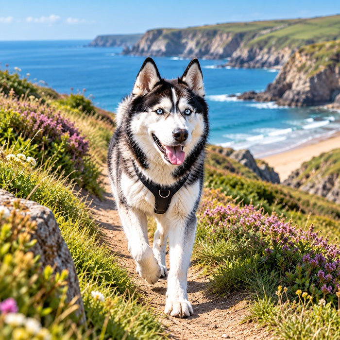 A Siberian husky dog with blue eyes walks along a dirt path in a coastal landscape with cliffs, blue ocean, and sandy beach in the background.