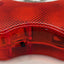 Close-up of the operating button for the red transparent dog flasher on a white background
