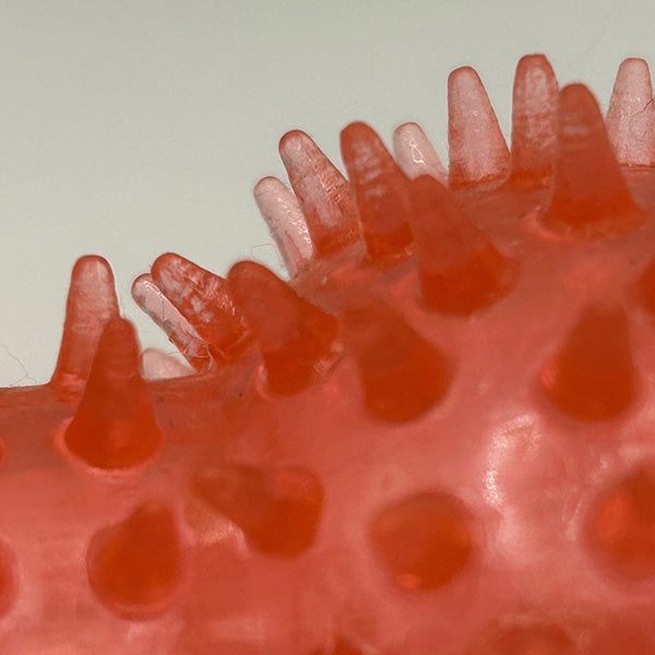 Close-up of red textured toy with pointed protrusions