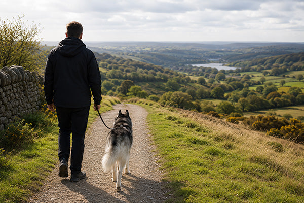 Man walking a dog on a path with a scenic landscape in the background