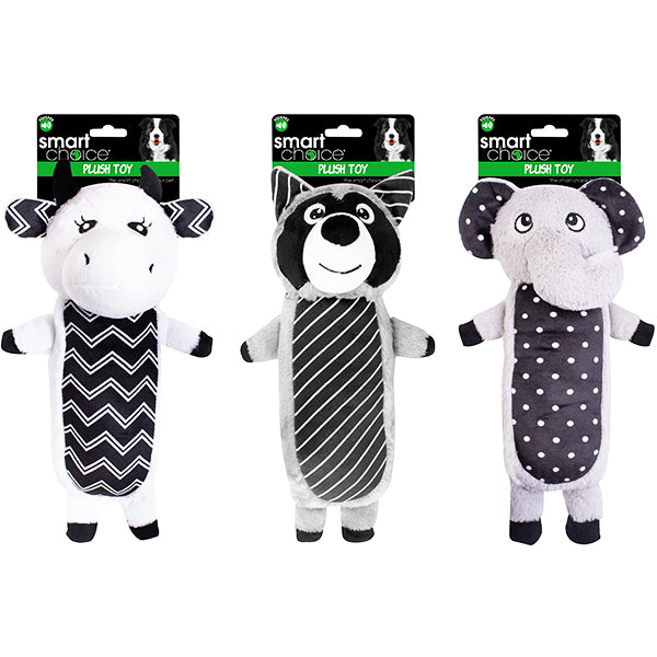 3 designs displayed of the plush dog toy