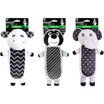 3 designs displayed of the plush dog toy